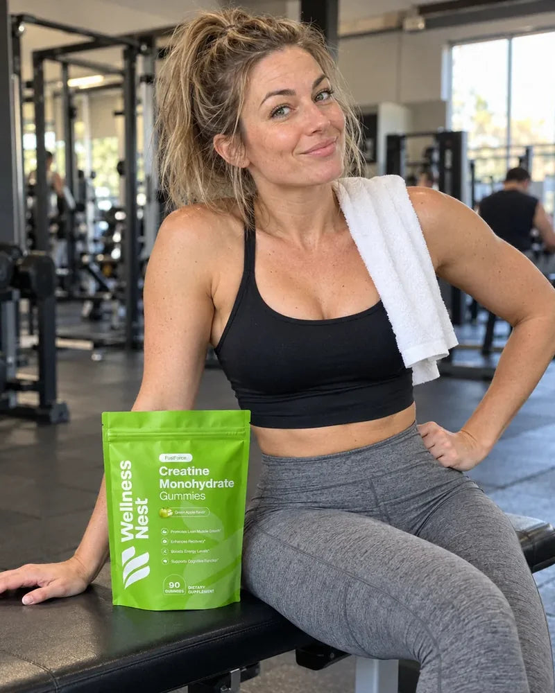 Jessica M., 31, sitting sideways on a gym bench with a towel over her shoulder, smirking, the FusiForce pouch on the bench beside her (illustrative)