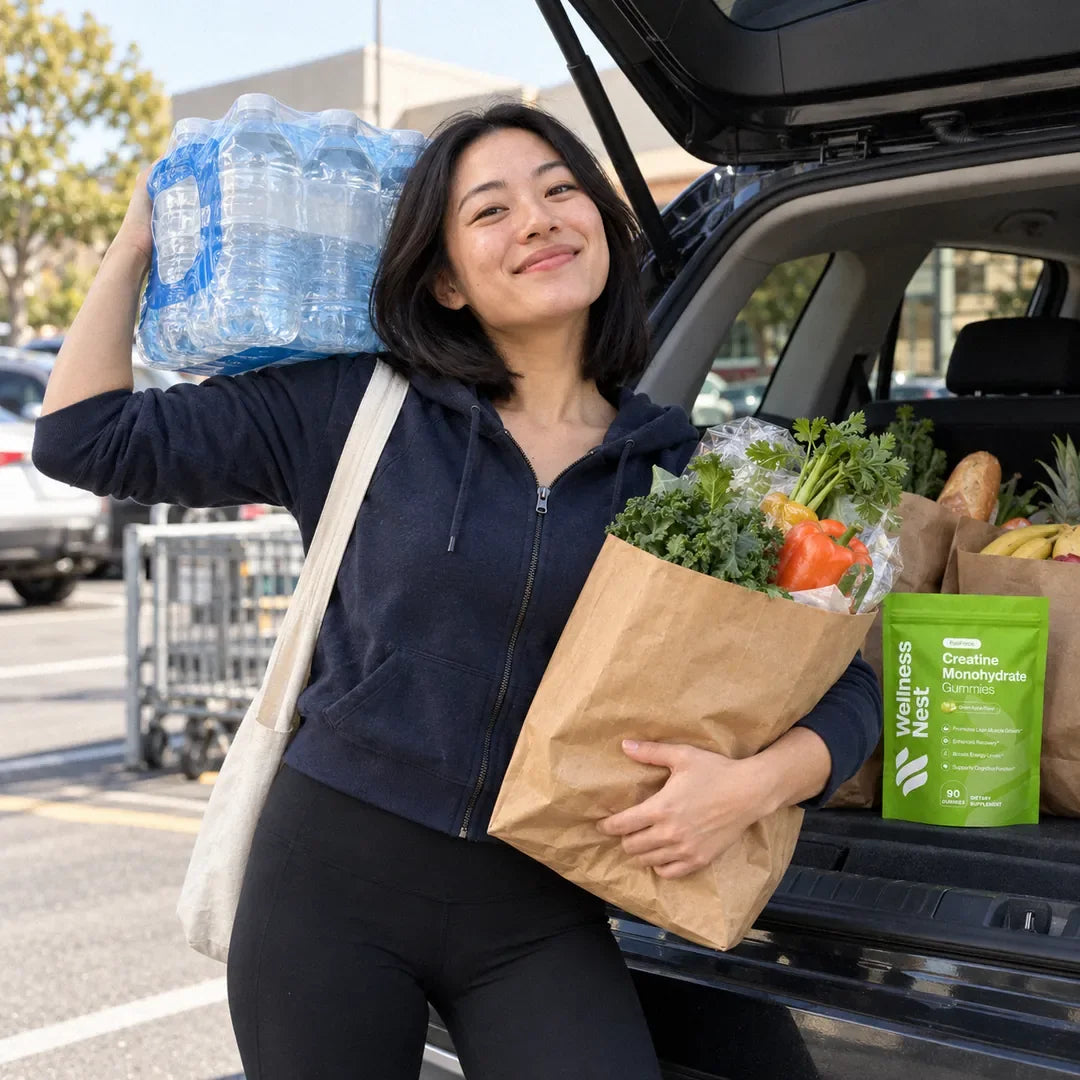 Emma L., lifting a pack of water onto her shoulder at the open boot of her car, the pouch among the bags (illustrative)