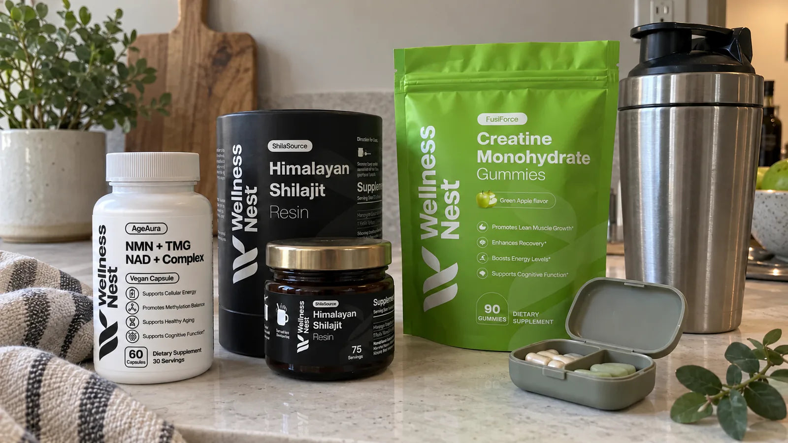 The three Wellness Nest formulas on a kitchen counter