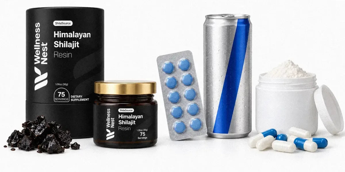 The real ShilaSource tube and jar on the left; on the right a foil blister of blue tablets, an energy drink can, a tub of powder with a scoop and loose capsules, on white