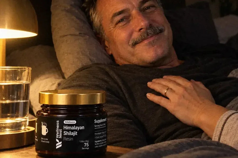 A man of about 56 lies propped on two pillows at night, smiling, his wife's hand on his chest, the ShilaSource jar on the nightstand beside him