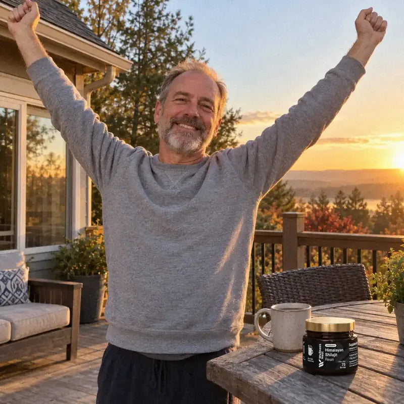 A white man of about 55 stretches both arms overhead on his back patio at sunrise, smiling, a mug and the ShilaSource jar on the table behind him