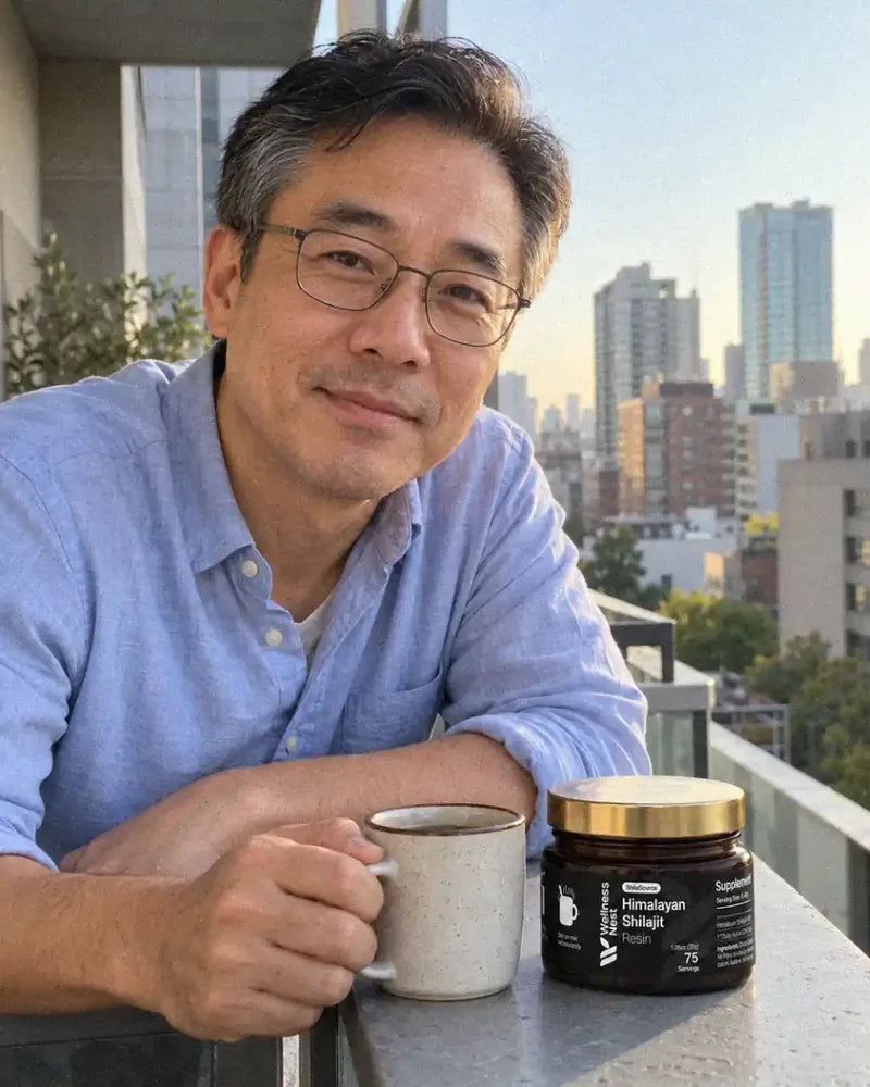 A man of about 50, the age of the men in the first study, on a city balcony with a coffee, the ShilaSource jar on the railing beside him