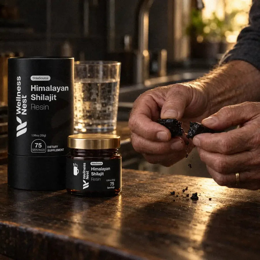 Hands snapping a chilled bead of black resin on a wooden counter, the labelled ShilaSource tube and the jar behind them